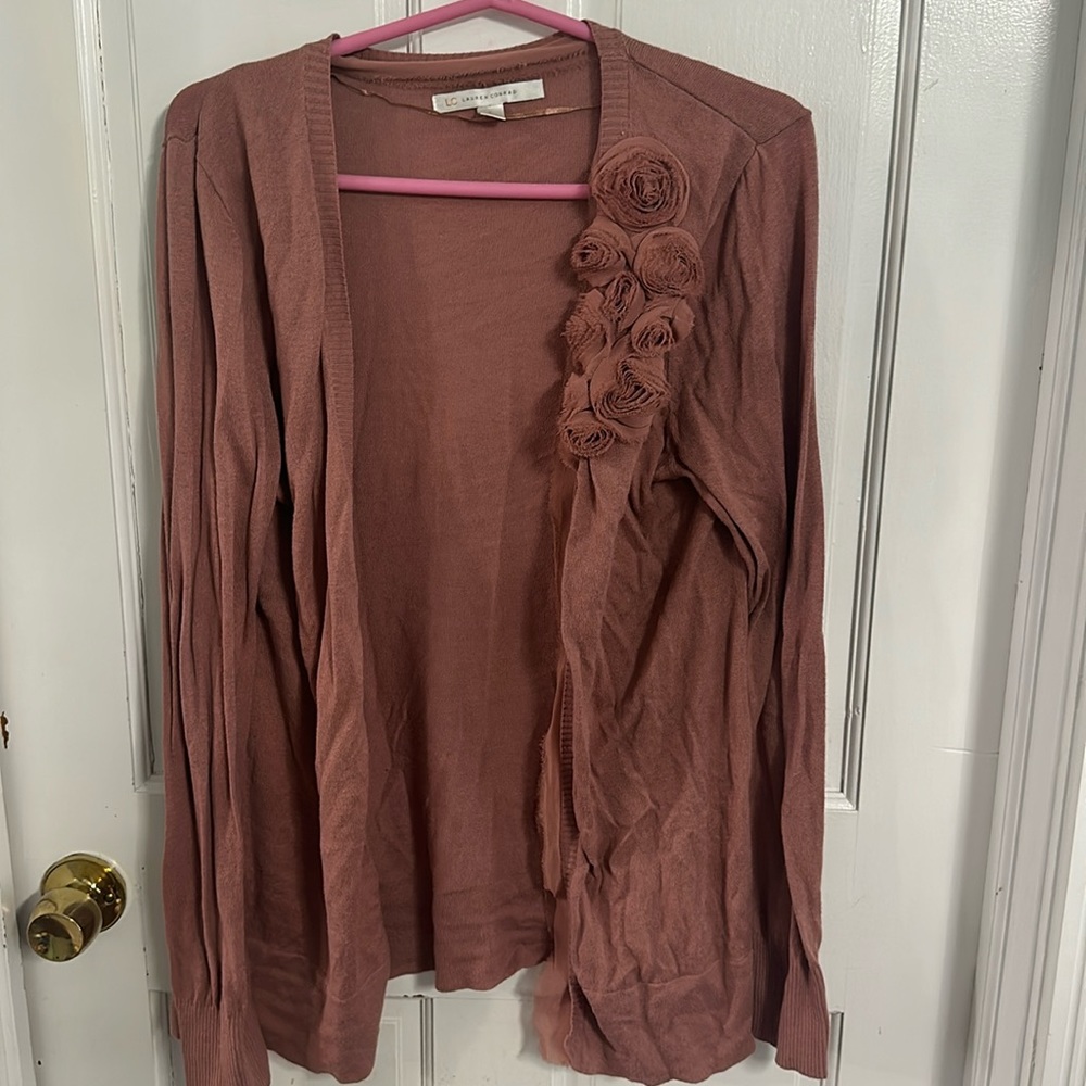 Pink rose flower sweater cardigan Sz large Lauren Conrad LC size large